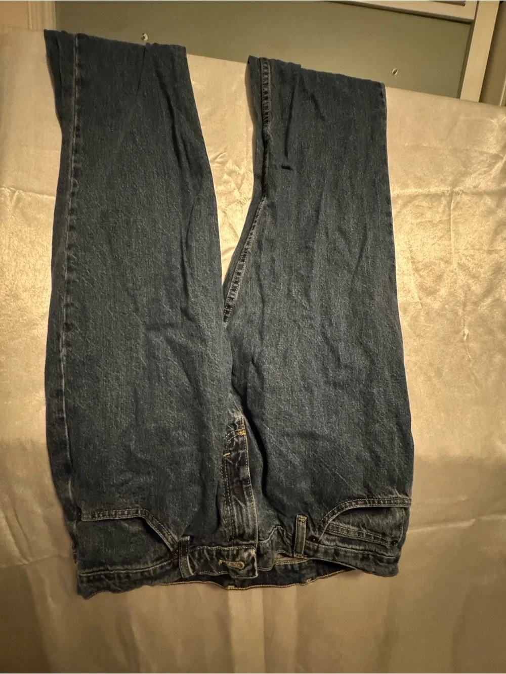 Magellan Outdoors Men’s Relaxed Blue Denim Jeans with Brown Patch